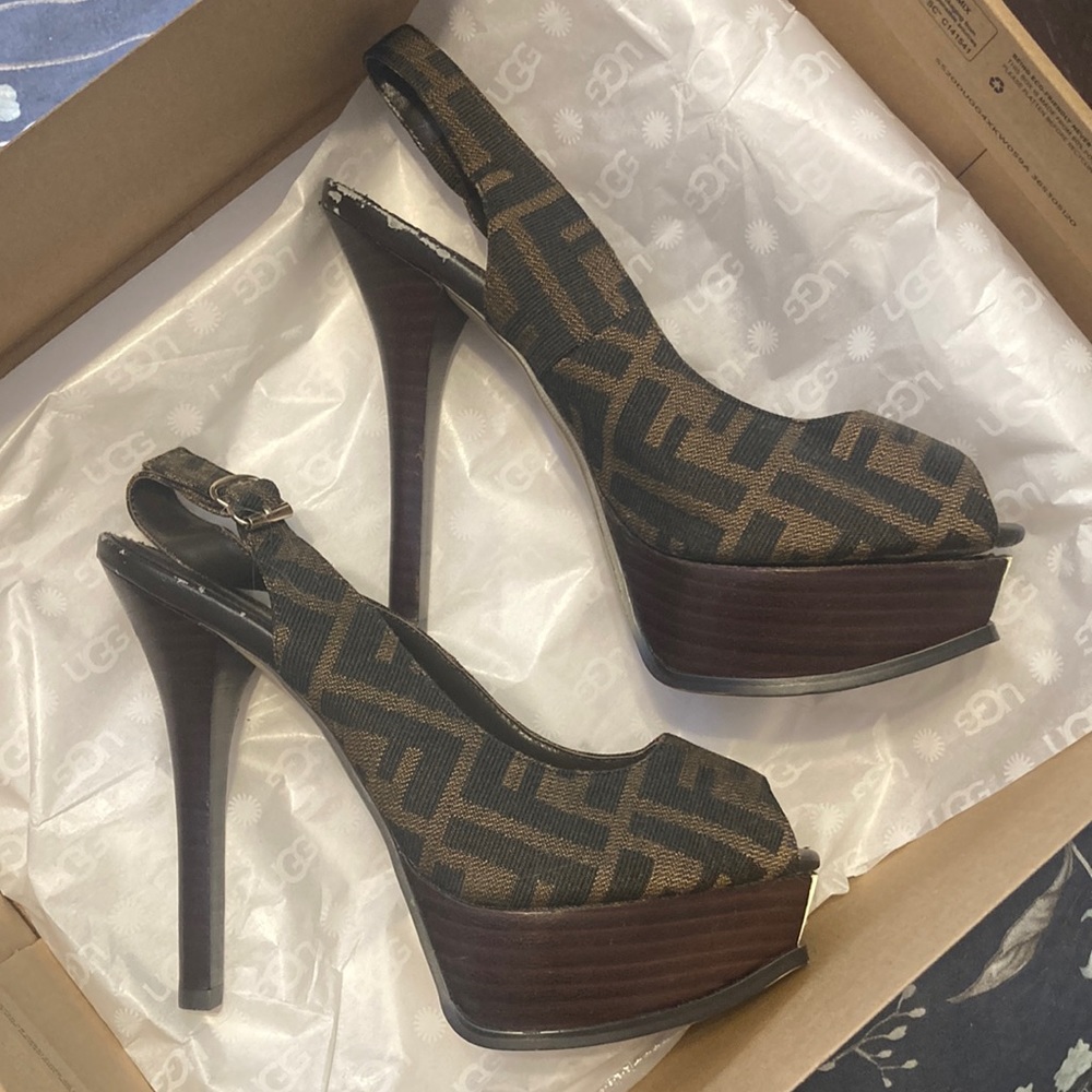 FENDI Tobacco Zucca Monogram Canvas Fendista Platform Slingback Heels: Size 39